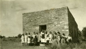 Fabiola Cabeza de Baca in front of New Mexican schoolhouse, photographer and date unknown. Fabiola Cabeza de Baca Gilbert Photograph Collectioon, Center for the Southwest Research, University of New Mexico