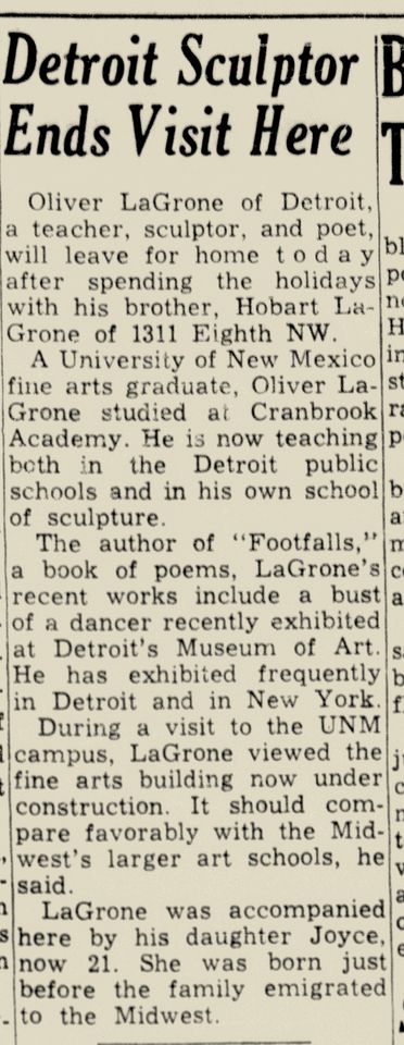 Newspaper clipping with headline: Detroit Sculptor Ends Visit Here